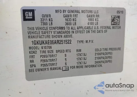 2010 GMC Yukon Sle z USA, uszkodzony, nr VIN 1GKUKAE06AR251522